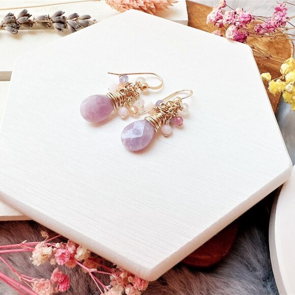 New Lepidolite and Mini Gemstone Cluster Earrings | Handmade in BC - Picture 2 of 5